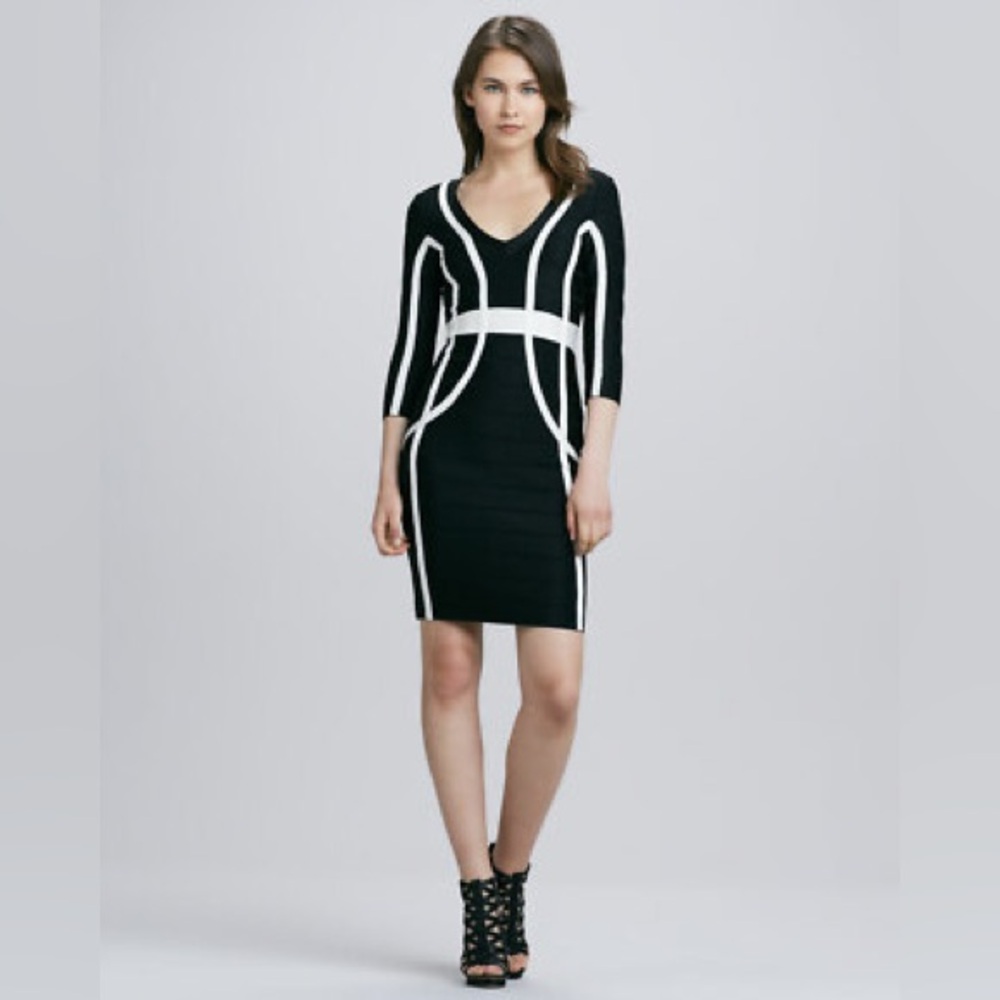 French Connection Black and White V-Neck Bandage Bodycon Dress Spotlight Sprint